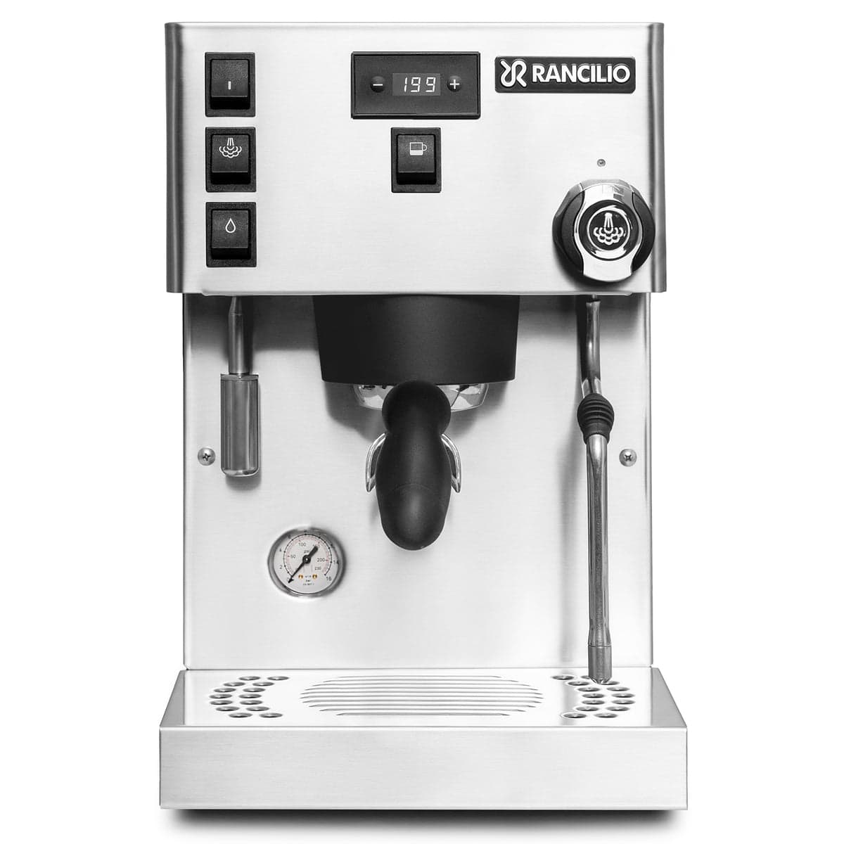 Stainless-steel Rancilio Silvia Pro X on a white background