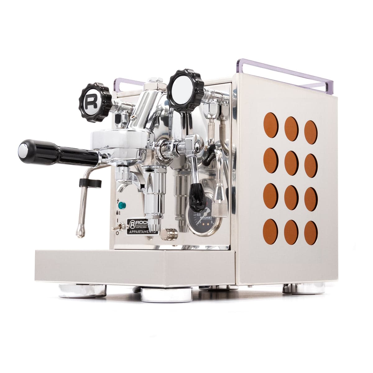 Legacy Rocket Appartamento espresso machine with copper side inserts, viewed from the front-right angle
